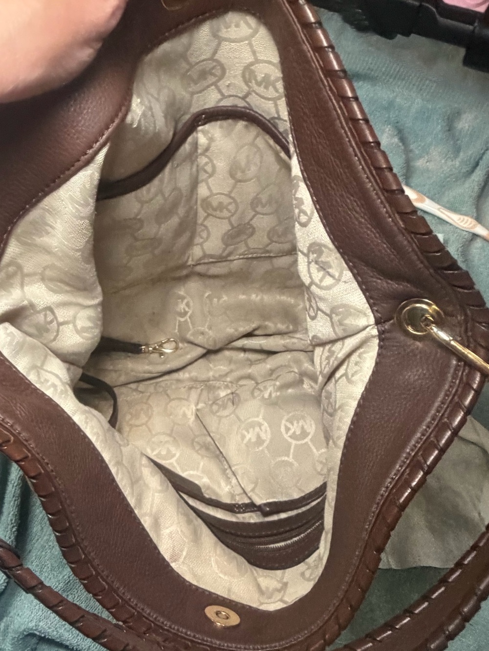 Michael Michael Kors Gold Metallic Canvas Hobo Bag Brown Whipstitch Leather Trim - Picture 12 of 14